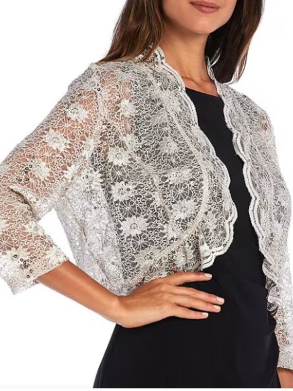 R&M Richards Lace & Sequin Open Jacket in Light Beige